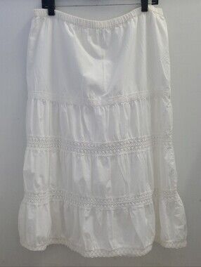 Provogue White Tiered Midi Boho Skirt with Crochet Lace Trim Size XL